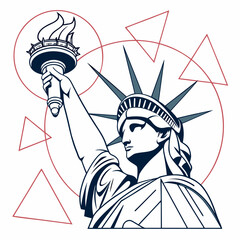 Stylized statue of liberty with geometric shapes and red circles on white background