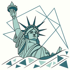Stylized statue of liberty with geometric shapes and abstract waves in teal and blue tones