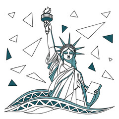 Stylized statue of liberty with abstract geometric shapes and wave pattern in teal and white