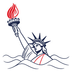 Stylized statue of liberty with red flame and blue lines emerging from water
