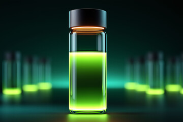 Glowing green solution in test tube laboratory setting scientific experiment dark environment close-up view