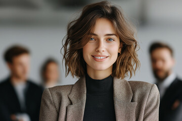 Businesswoman leading team in modern office setting professional portrait focused environment empowerment concept