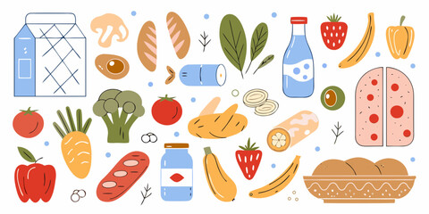 A whimsical collection of fresh food items and groceries in a flat design style