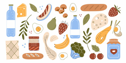 A colorful assortment of fresh food items and groceries arranged in a visually appealing flat design style