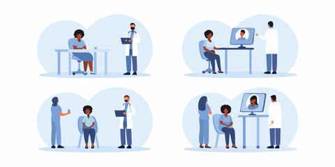 Diverse patients and doctors in medical consultations and telehealth appointments for healthcare services