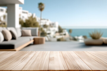 Relaxing outdoor villa scene with blurred background empty wooden table sunny atmosphere