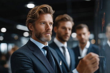 Business professionals in tailored suits engaging in strategy session modern office corporate environment close-up view