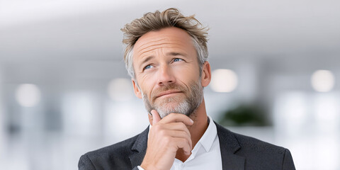 Doubtful investor contemplating future decisions modern office professional portrait thoughtful expression