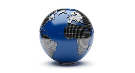 Sleek modern planet globe with metallic continents and solar panel texture on white background
