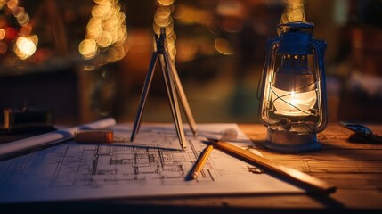 An inspiring workspace illuminated by a vintage lantern beside architectural blueprints on wood with drafting pencils di
