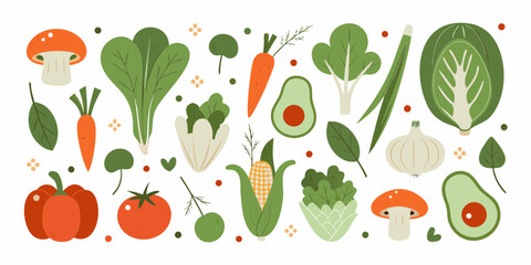 A vibrant collection of fresh healthy vegetables and fruits arranged in a lively artistic pattern