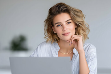 Focused young professional woman working on laptop in modern office environment