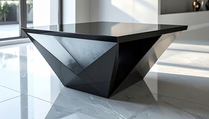 Modern geometric coffee table with sharp angular design, matte black finish, and smooth reflective textures captured in high-definition showroom detail.