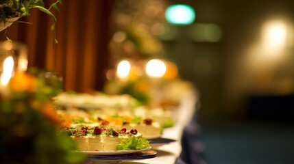 An elegantly set buffet with a variety of dishes on a long table,