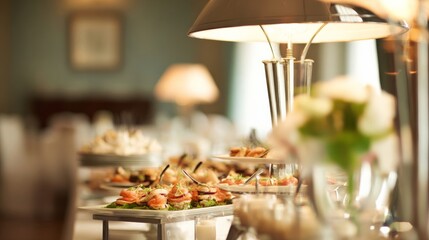 An elegant buffet setup with modern serving dishes, appetizers, and spirits,