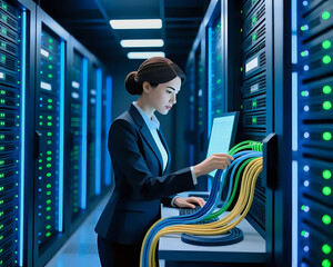 Professional female technician organizing and inspecting colorful network cables in a modern server room. Represents data management, networking, or information technology.