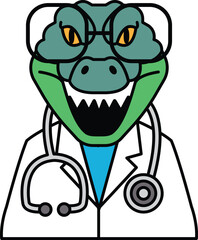 A cartoon crocodile doctor wearing glasses and a stethoscope