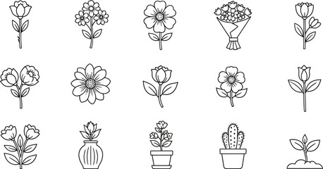 Charming collection of botanical line art, showcasing diverse flowers and plants for natural designs