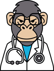 A cartoon monkey wearing a lab coat and glasses is wearing a stethoscope