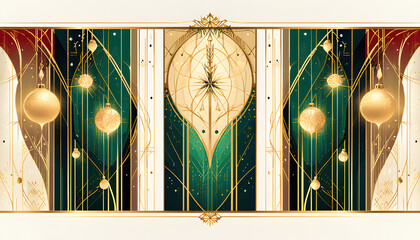 Gold and Green Christmas Ornament Design - An illustration in the Art Deco style, featuring gold ornaments against a green backdrop, adorned with gold accents and bold graphical elements.
