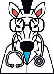 A zebra wearing a lab coat and glasses is looking at the camera