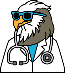 A cartoon of a bald eagle wearing sunglasses and a white lab coat
