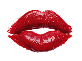 Close-up of red lips, slightly parted in a kiss-like pose.  Glossy, vibrant red hue