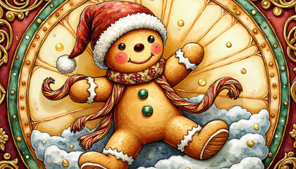 Gingerbread Man with Santa Hat and Christmas Decorations - Cheerful gingerbread cookie in a Santa hat and scarf, surrounded by holiday decor, featuring vibrant colours and festive patterns.