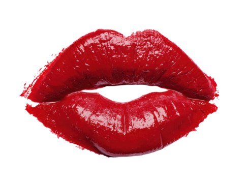 Close-up of red lips, slightly parted in a kiss-like pose.  Glossy, vibrant red hue
