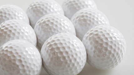 White golf balls with dimpled textures arranged randomly on a plain background,