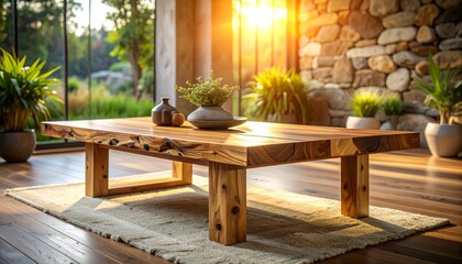 Rustic wooden coffee table featuring natural grain details, paired with stone flooring and soft warm lighting for an organic and modern aesthetic