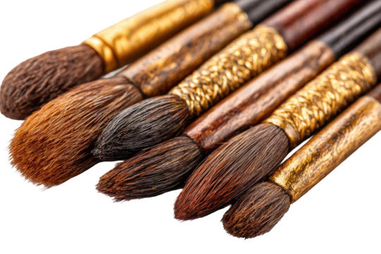 Close-up of Various Brown Wooden Paintbrushes with Golden Accents on Transparent Background