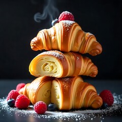 Gourmet croissants with raspberries and blueberries high resolution image