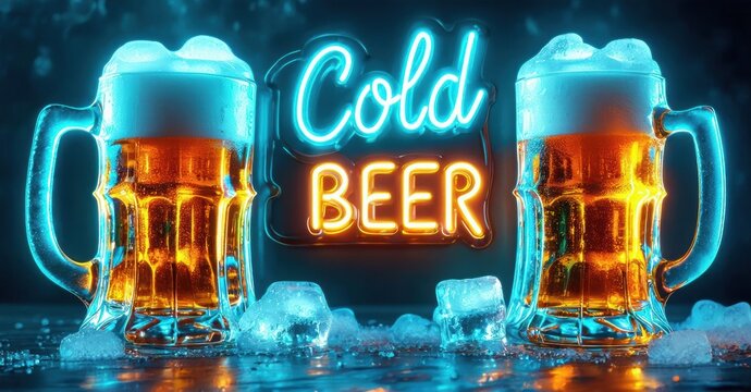 Neon sign displays cold beer. Two mugs filled with liquid rest on ice. Bright colors, dark background create striking visual.