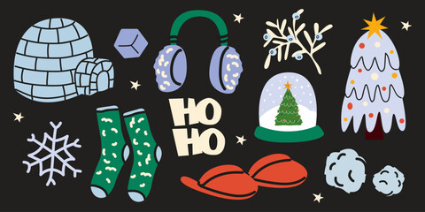Naklejka premium Winter holiday cartoon elements set in retro groovy style. Christmas tree, ice igloo house, snow, branch, warm household items. Xmas items set. Cold season vector illustration