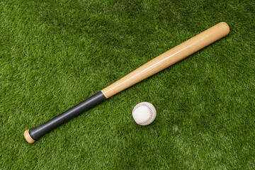 baseball bat with ball on grass lawn
