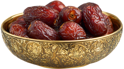 Medjool dates in a decorative bowl isolated on transparent background