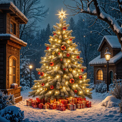Illuminated Christmas Tree in Snowy Winter Wonderland - A beautifully decorated Christmas tree glows warmly in a serene snow-covered setting, surrounded by gifts and holiday decorations.