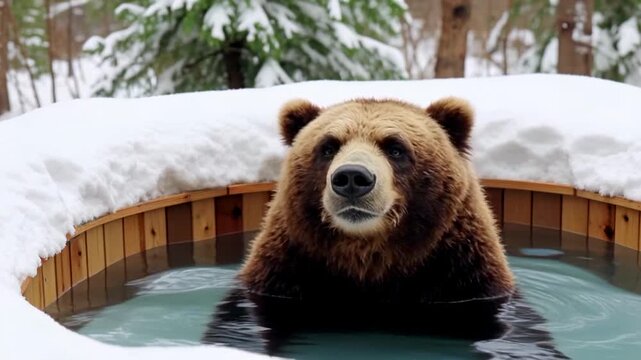 Brown bear relaxing in a hot tub during winter