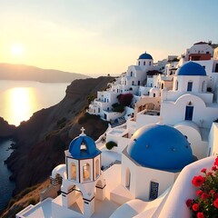 Iconic blue domes overlooking the Aegean high resolution image