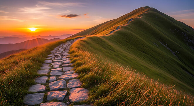 A tranquil landscape image of a winding stone path leading up a grassy mountain ridge. 