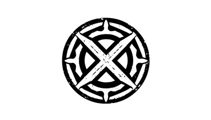 A monochrome emblem featuring a central "X" shape within a circular design, suggesting a symbol.