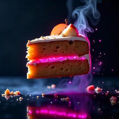 Levitating cake slice with glowing light high resolution image