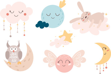 Sky clip art with boho moon and stars in pastel colors. Baby shower vector illustration.