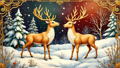Reindeer in a Snowy Winter Forest - Golden patterned reindeer stand amidst a snowy forest. Elegant trees surround them, creating a serene winter atmosphere.
