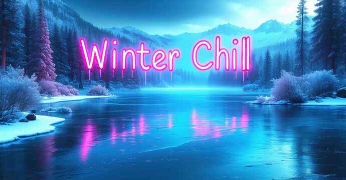 Frozen lake reflects mountains, trees. Vibrant pink text overlays serene winter landscape. Peaceful, cold scene. - Powered by Adobe