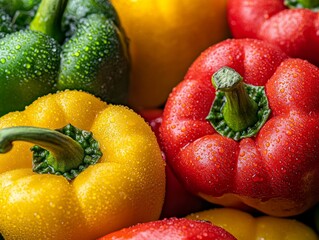 Close-up of vibrant red, yellow, and green bell peppers with water droplets on their surface