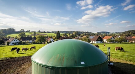 Sustainable farm with cows grazing near modern biogas plant and village under sunny skies