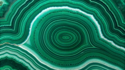 Close-up of polished malachite stone with vibrant green and white banding patterns. The surface is smooth and glossy, showcasing natural mineral formations.