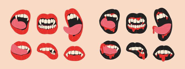Cartoon set of Halloween with different vampire open mouth, fangs and tongue. Female red and black lips with long pointed canine teeth and blood. Vintage design for decoration, card, print, invitation